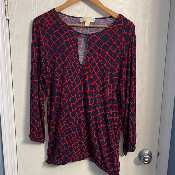 Michael Kors Blue and Red Graphic 3/4 Sleeve Blouse - Picture 1 of 9